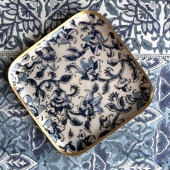 Ispahan enamel metal tray 16x16, gold border for wholesale by Maison Lilo