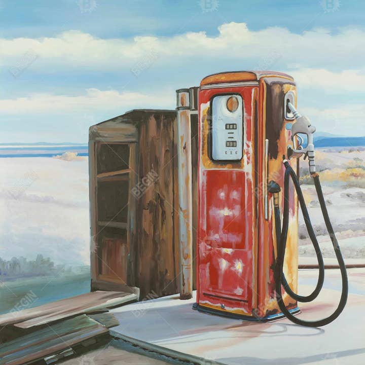 Röd Gammal bensinpump | konsttryck på duk 48 ”x 48" för wholesale på Faire