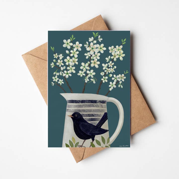 Susie Hamilton Art - Venta al por mayor Tarjetas de felicitación - Flor en Tarjeta de Jarra de Mirlo