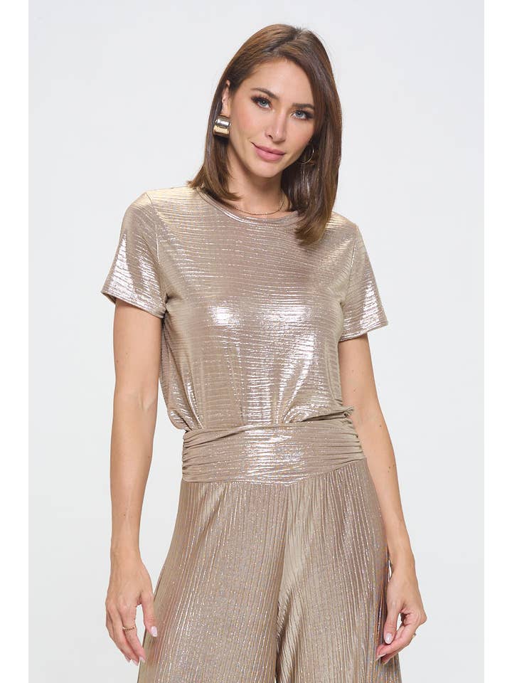 Gold Made in USA Metallic Textured Short Sleeve Top for wholesale on Faire