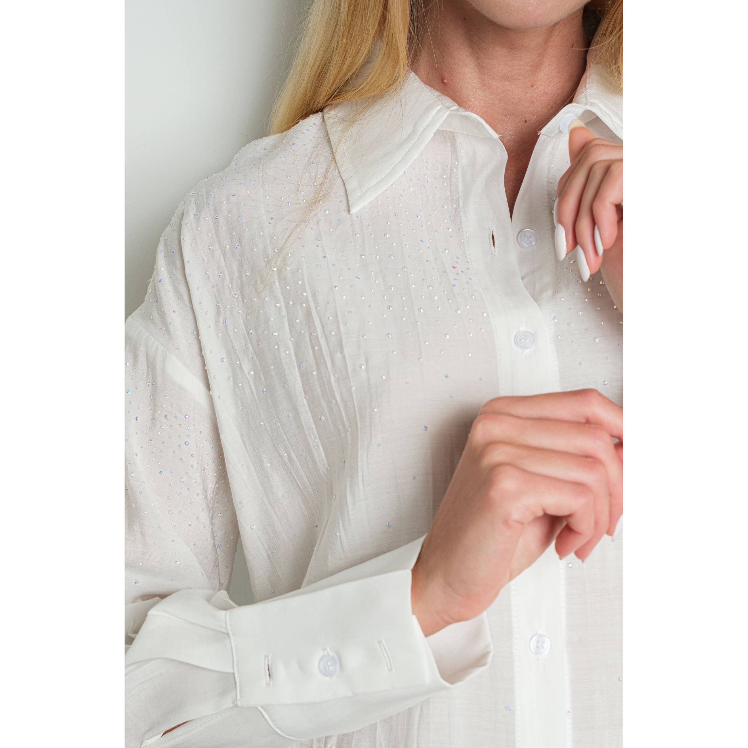 KIWI – wholesale Buttoned-down shirt – Women's – IT3216 Iridescent Rhinestone Embellished Button Up Shirt14