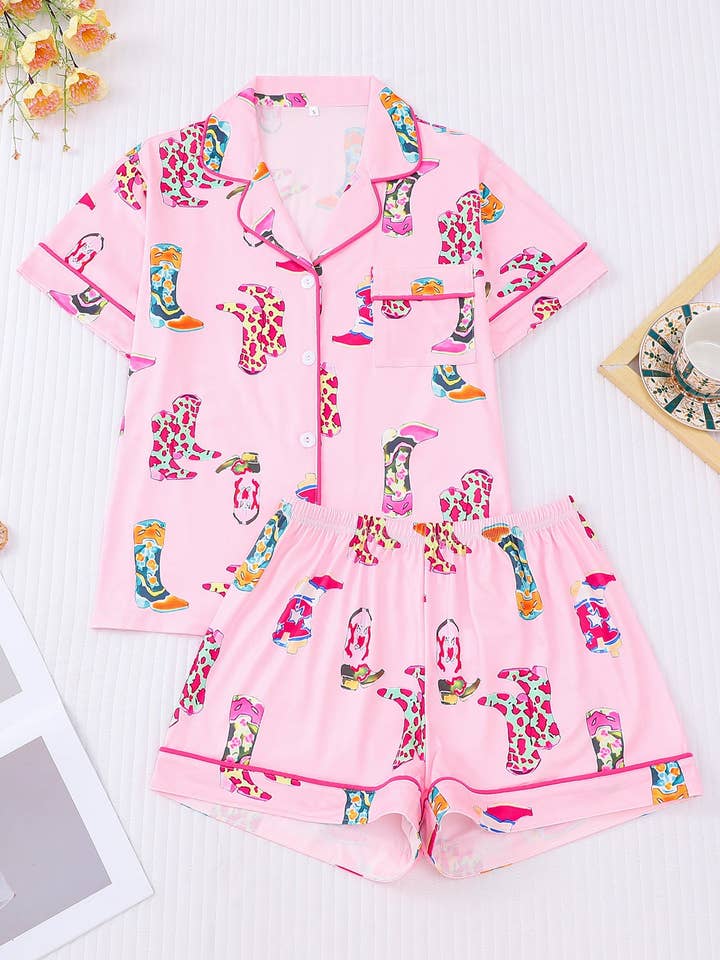 Patterned Cowgirl Boots Pajama Set for wholesale by Lane & Lily