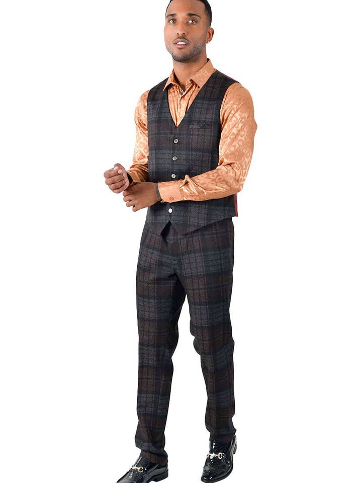 Brun Grå herreternet rutet brungrå kjole vest VP137 for engroshandel på Faire