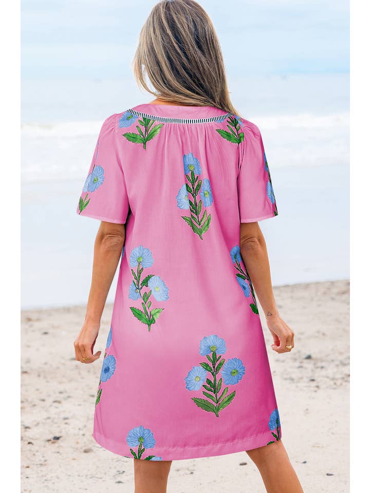 Aapparella - Wholesale Dress - Women's - Floral Print Short Sleeve Split Neck Mini Dress | S-XL
