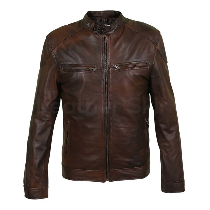 Giacca da motociclista da uomo in pelle bovina bicolore marrone per la vendita all'ingrosso da parte di Leather Skin Shop