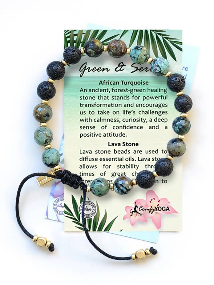 Bracelet Green & Serene Aroma - Bracelet en pierre de lave fait main pour la vente par Comfy Yoga