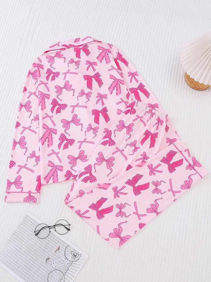 Rosa Clothing - Wholesale Sleepwear Set - Women's - Cozy & Soft Cute Bow Print Long Sleeve Pajama Set1