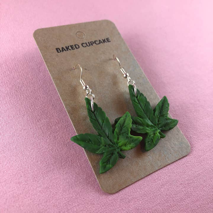 Green Sativa Cannabis Earrings for wholesale by Baked Cupcake