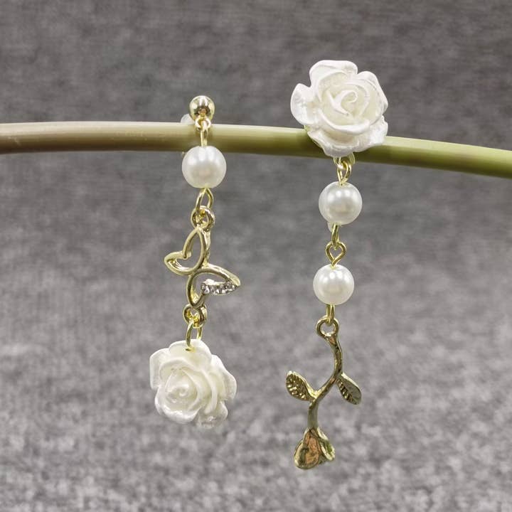 Asymmetric White Rose Flower Post Earrings - YK for wholesale by Mio Queena