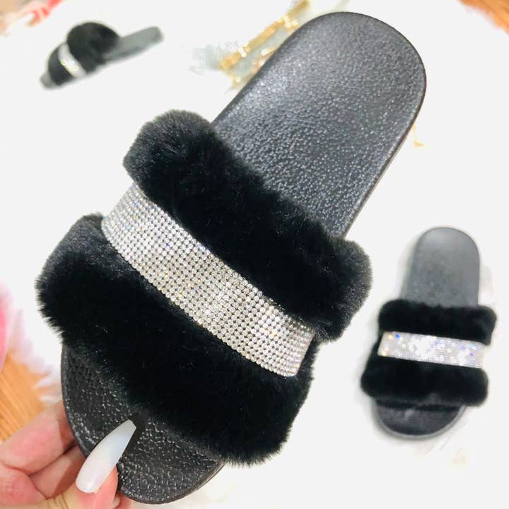 Rhinestone Faux Fur Slippers - Black for wholesale on Faire4