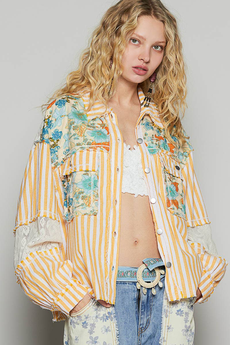 Pol Clothing - Wholesale Shirt Jacket/Shacket - Women's - Balloon sleeve printed woven mixed denim shacket SALE10