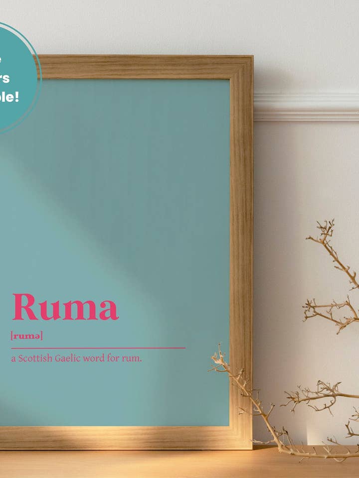 Ruma Rum Alcohol Drink Bar Gaelic Dictionary UNFRAMED PRINT for wholesale by Kalloway Design