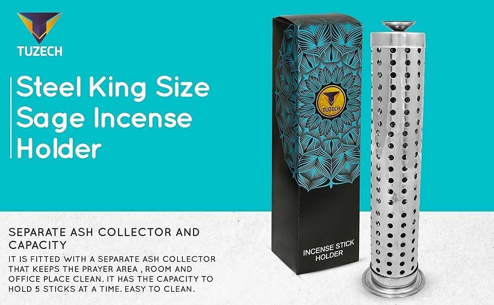 Tuzech Leather - Wholesale Incense Holder - Tuzech Steel King Size Sage Long Incense Holder Natural Assorted Home Useful Agarbatti Stand with Ash Catcher best for Diwali Pooja Celebration Gift4