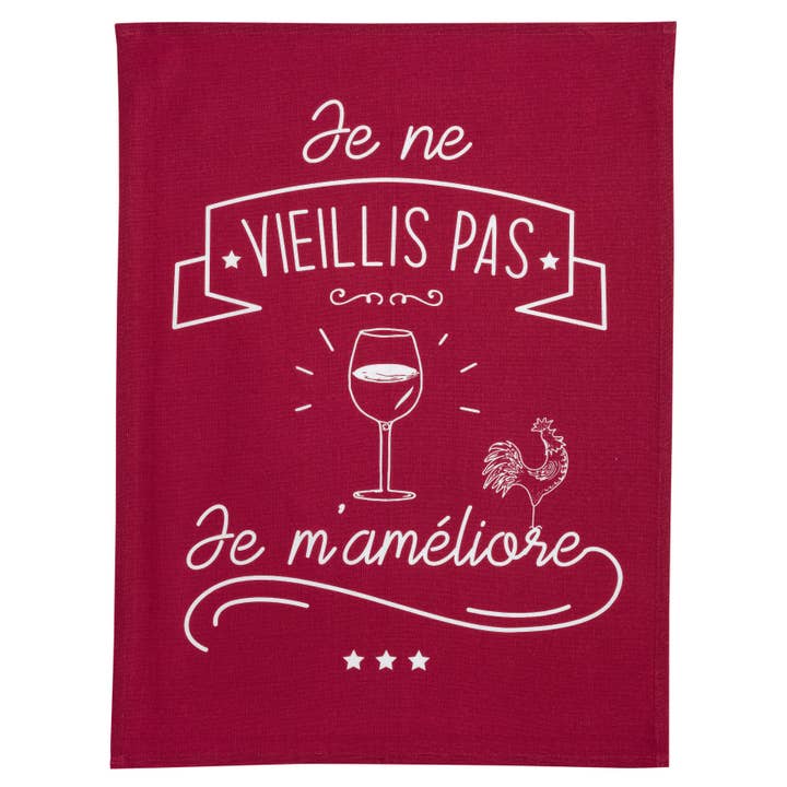 Tea Towel Je M'Improve Red 70 X 50 for wholesale by Maison Vivaraise & La Cerise sur le Gâteau
