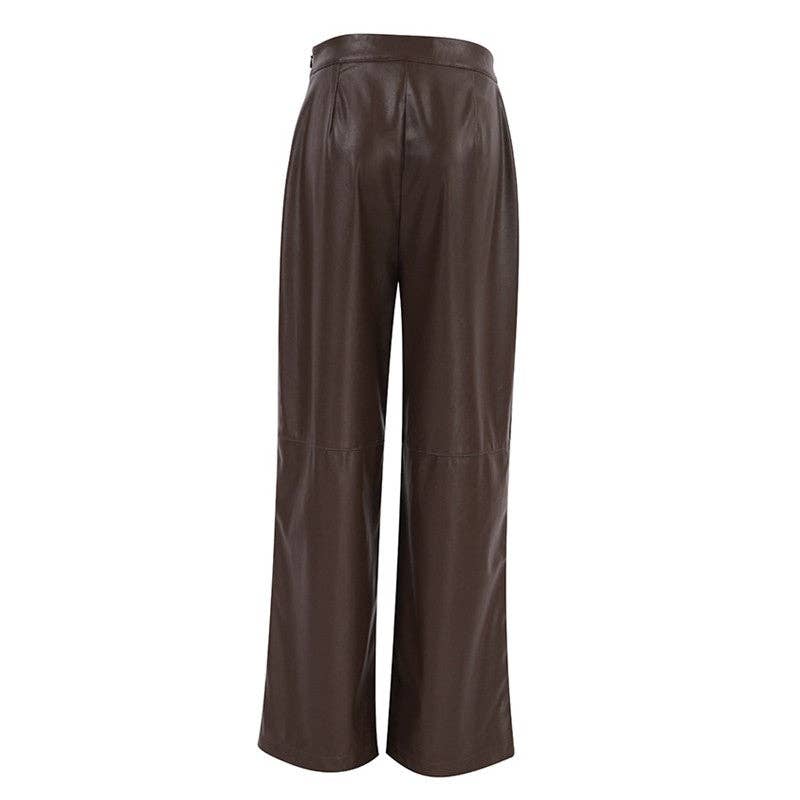 Brown High Waisted Solid Color Straight Leg Faux Leather Pants for wholesale on Faire1