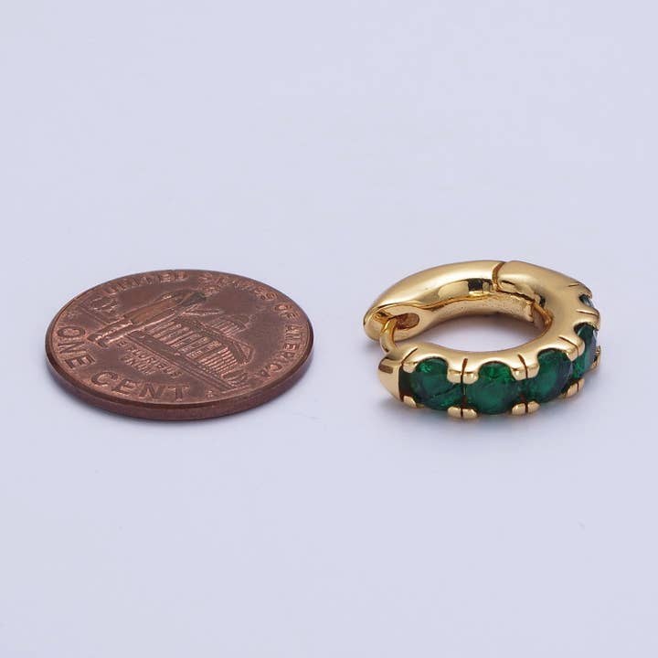 Aim Eternal - Wholesale Huggie Earrings - 24K Gold Filled Emerald Green Micro Pave Cubic Zirconia 16.5