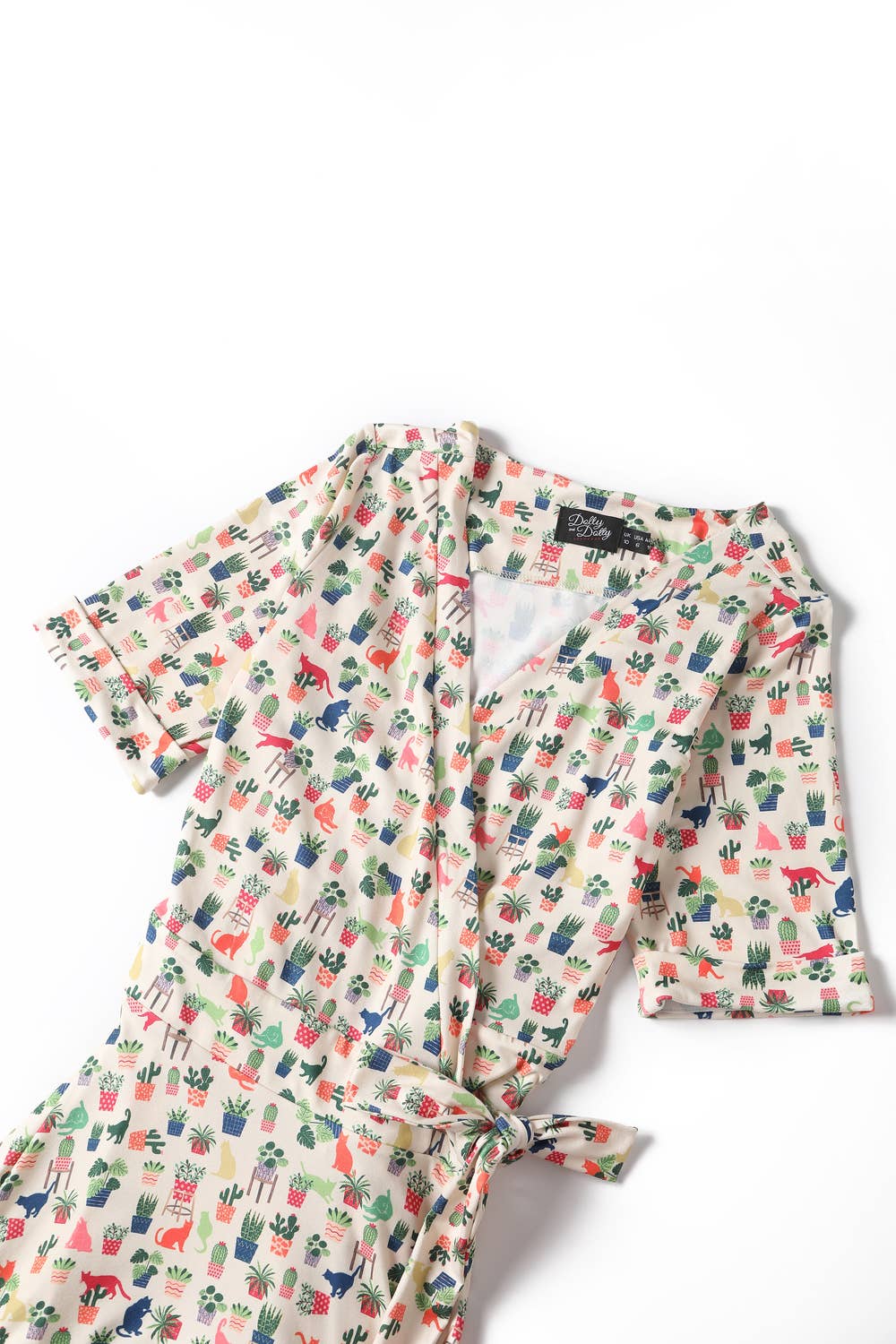Dolly & Dotty - Vente Robe – femme - Robe portefeuille vintage inspirée des chats et des plantes en tricot crème Matilda3