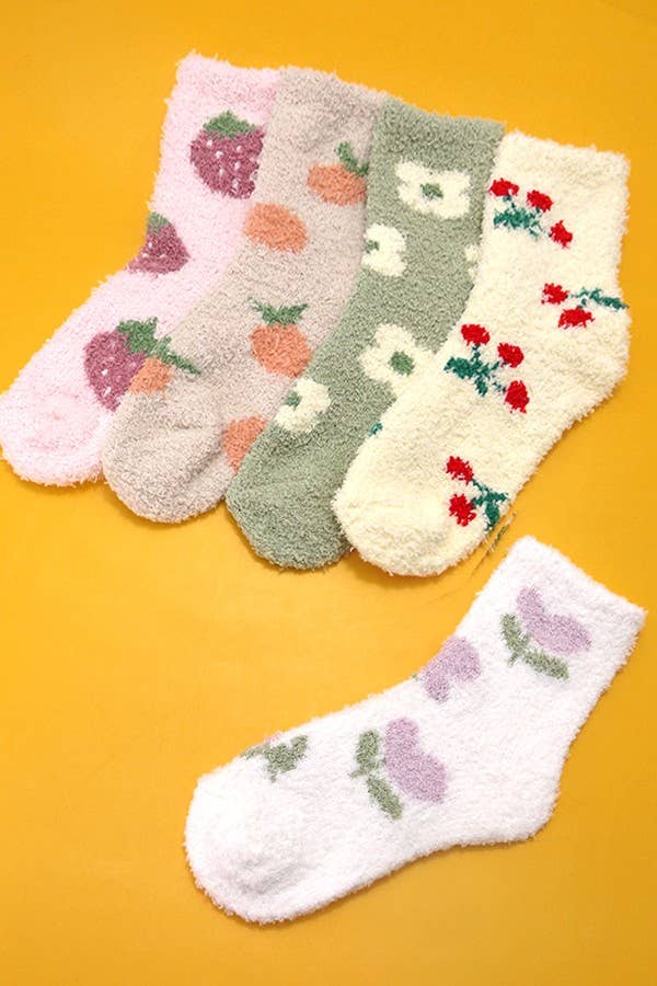 JOSSLYN by wall to wall - Vente Chaussettes – femme - CHAUSSETTES MOELLEUSES CHAUDES EN POLAIRE CORAIL EN PELUCHE AVEC FLEURS DE FRUITS | 40S020514