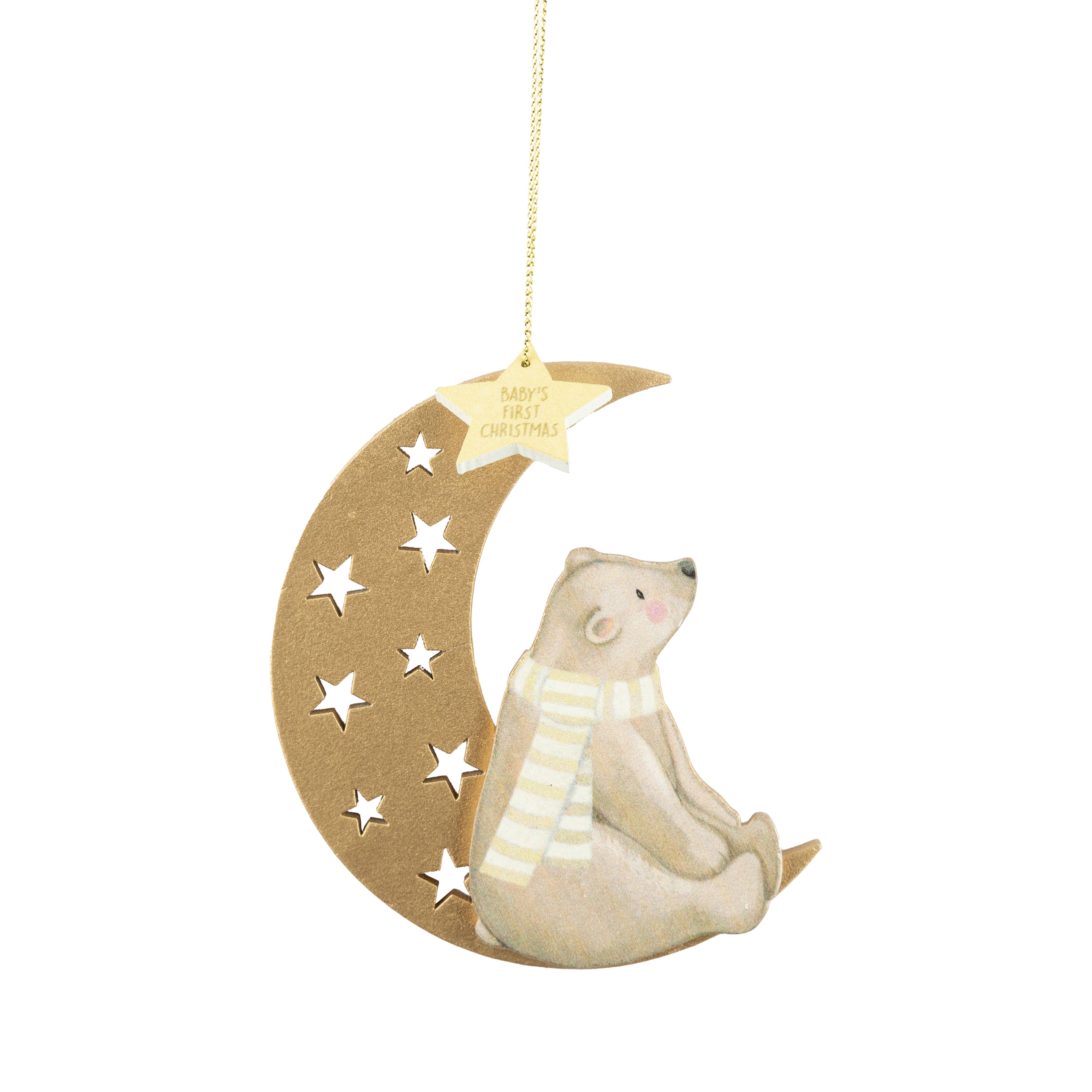 Silver Tree Home & Holiday - Vente Objets de décoration - G95292 : Ours assis peint, croissants de lune, étoile, or, blanc, 10 cm0