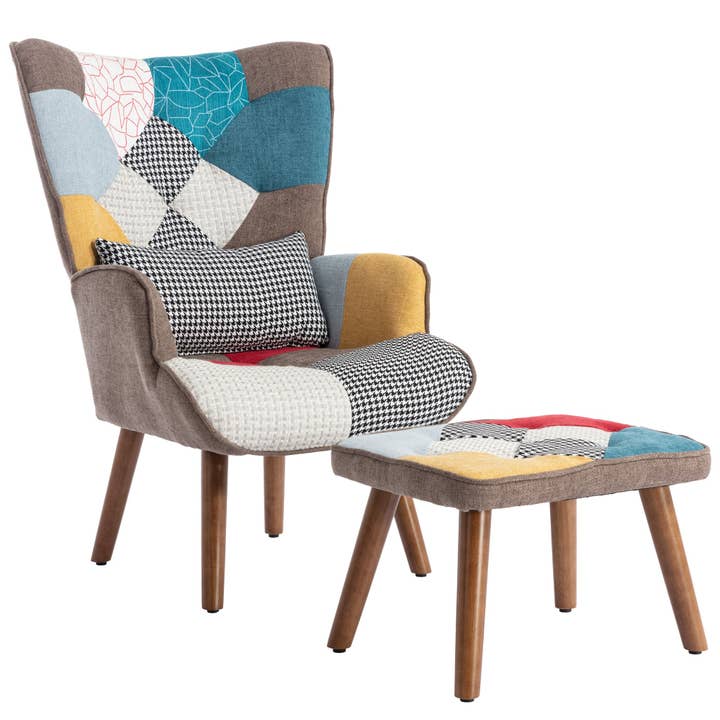 Multi-colour patchwork wingback lounge chair with footrest, backrest and cushion FINKAR UK for wholesale by Urban Meuble UK