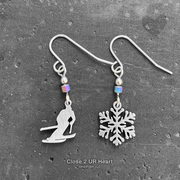 Skier and Snowflake Earrings for wholesale by Close 2 UR Heart