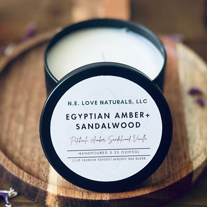 Egyptian Amber+ Sandalwood |Coconut Apricot Soy Candle in Travel Tin for wholesale by N. E. Love Naturals, LLC