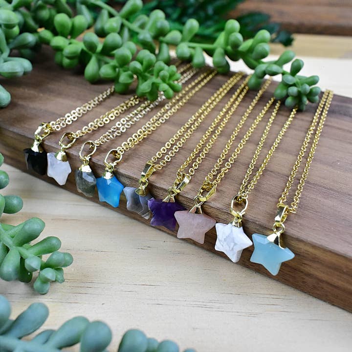Small Gold Gemstone Star Charm Necklace for wholesale by Ewelina Pas Jewelry