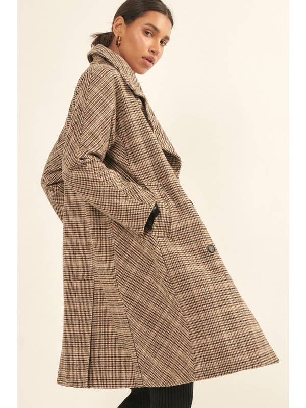 BROWN Houndstooth Double Breasted Long Sleeve Woven Coat for wholesale on Faire2