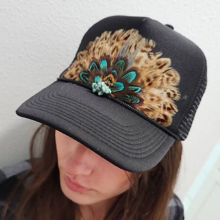 Funk Town Tees - Wholesale Trucker Hat - Women's - Western Feather Trucker Hat Retro Feather Trucker Hat