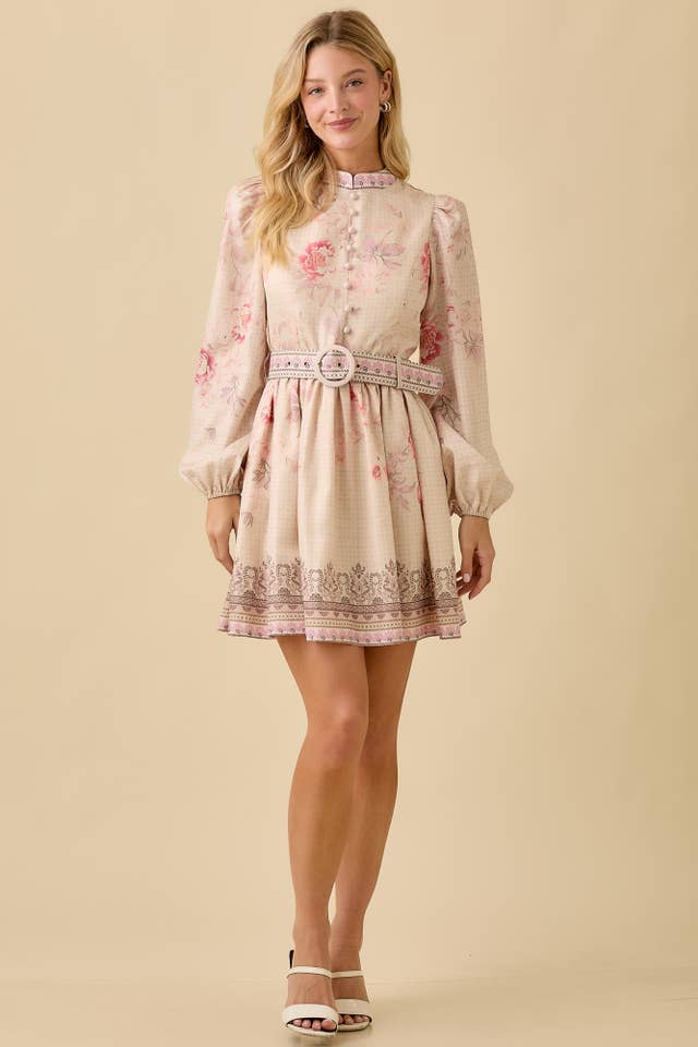 NATURAL Vintage Floral Print Mock Neck Mini Long Sleeve Dress for wholesale on Faire5