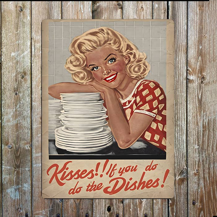 Kisses If You Do The Dishes Kitchen Retro Metal Sign Plaque for wholesale by The British Metal Signs Company