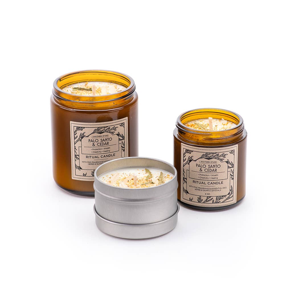 J. Southern Studio - Wholesale Jar/Filled Candle - 4 oz. Palo Santo & Cedar Ritual Candle with crystals1