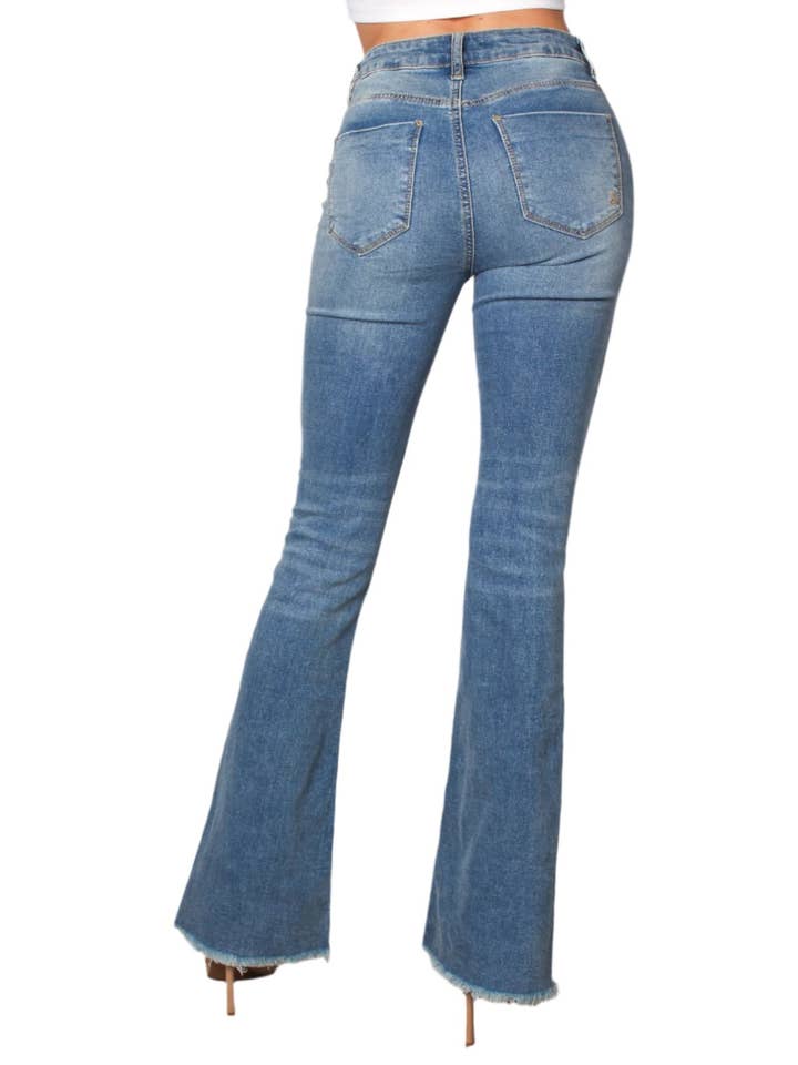 Good Stuff Apparel - Wholesale Jeans - Women's - Women's High Waist Five Buttons Raw Hem Flare Jeans 4