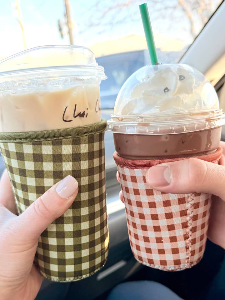 Gingham Coffee Koozie for wholesale by Honey By Hand