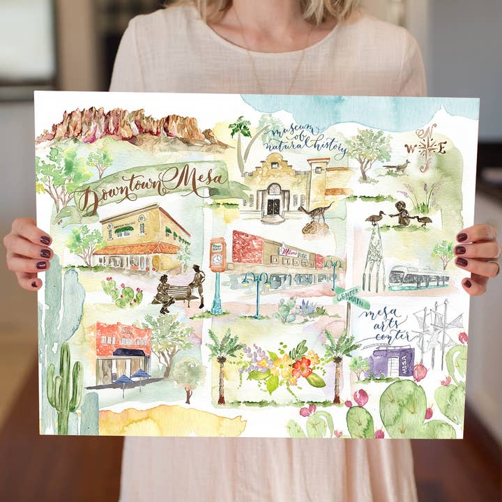 Watercolor Map of Downtown Mesa, Arizona for wholesale by Click Bloom
