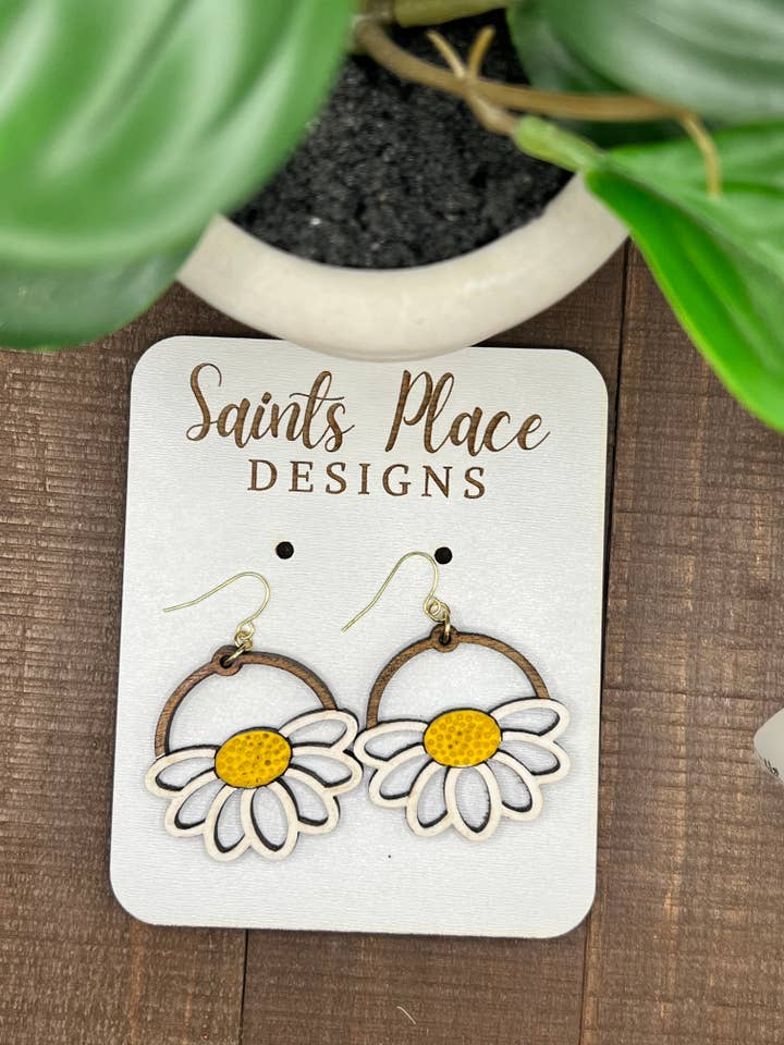 Wooden Daisy Earrings for wholesale by Saints Place Designs