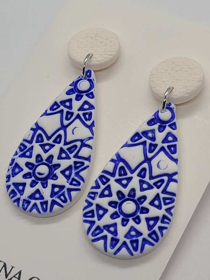Boho Earrings, Polymer Clay, Blue And White, Greece for wholesale by Dayna Olson Handmade