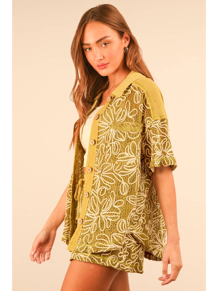 VERY J - Wholesale Lounge Set - Women's - NT11975SET-Printed Casual Shirt Top & Shorts Set