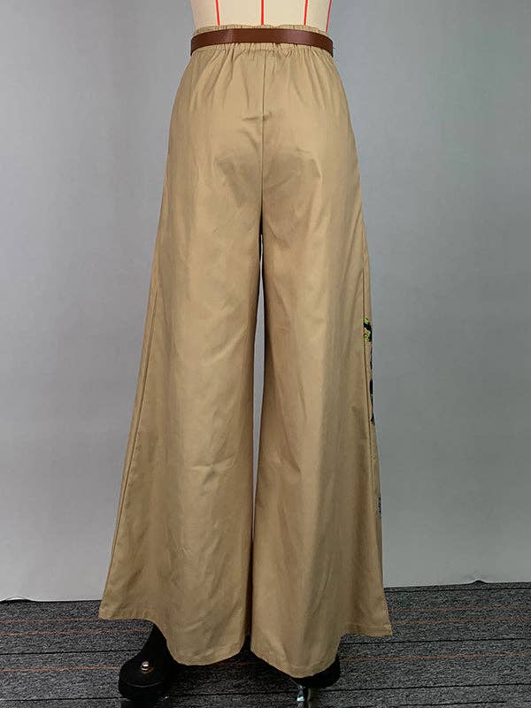 KHAKI Højtaljede løse bukser med blomsterprint og lommer for engroshandel på Faire12