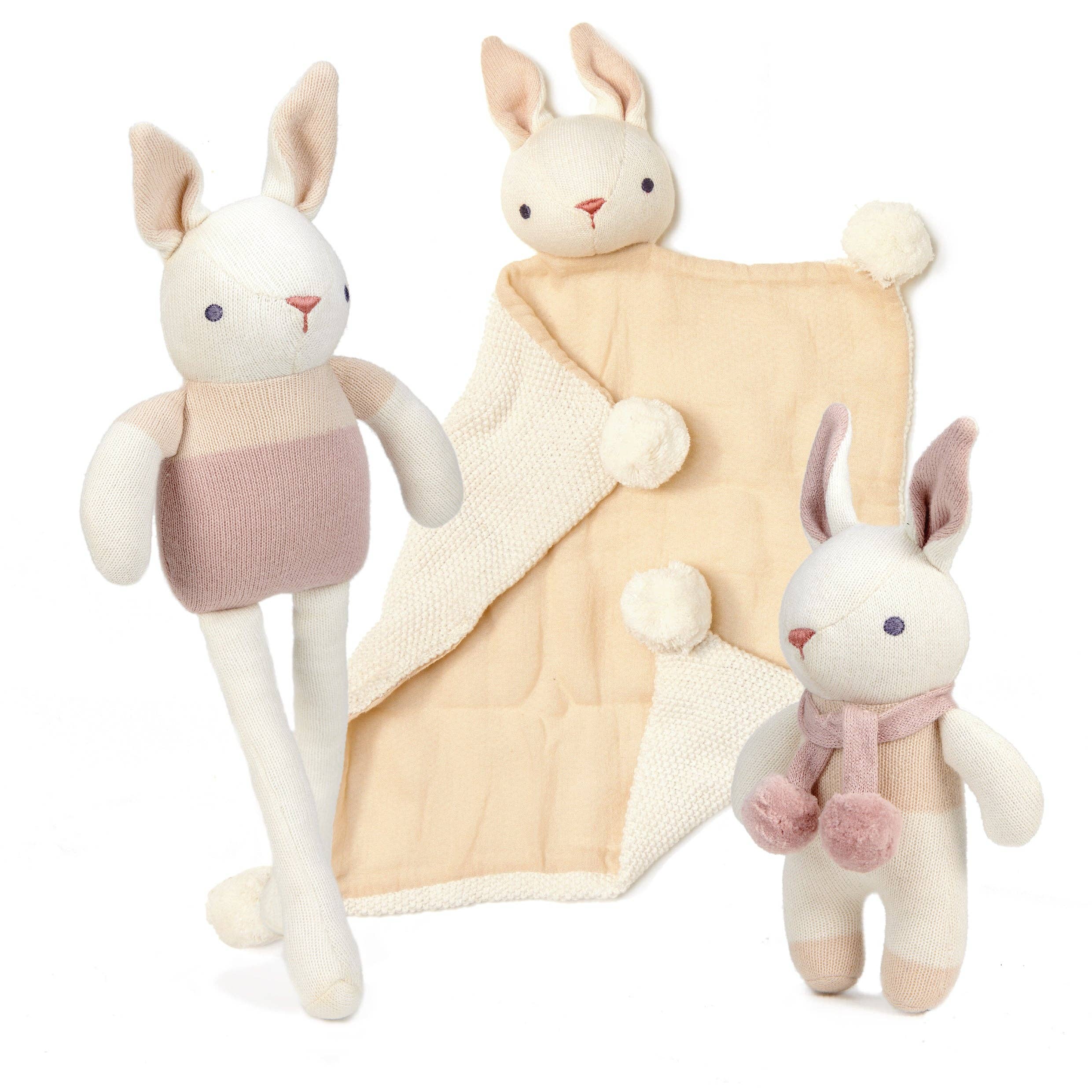 ThreadBear Design UK/EU – wholesale Swaddle set – Baby – Baby Threads Cream Bunny - Organic Toys x3 + Gift Box1