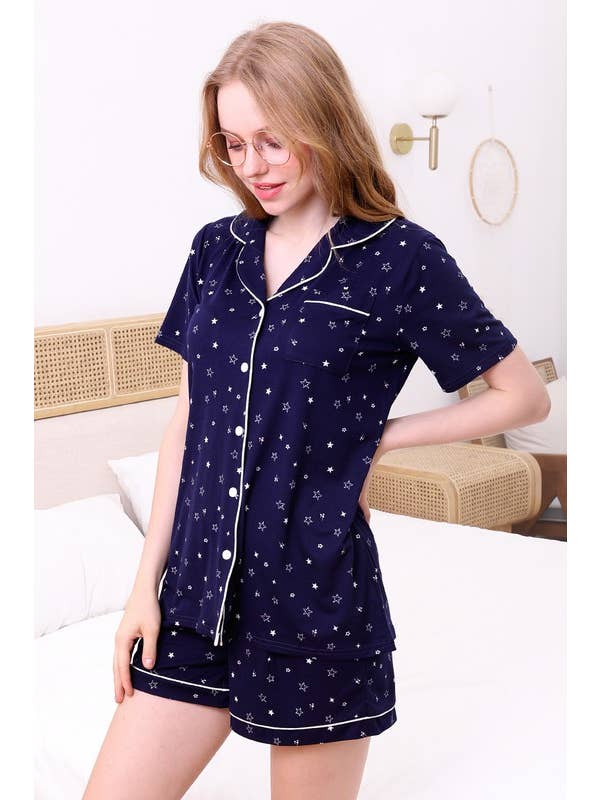 NINEXIS - Wholesale Sleepwear Set - Women's - CWSPJ002_SHORT SLEEVE NOTCH COLLAR PAJAMA SET