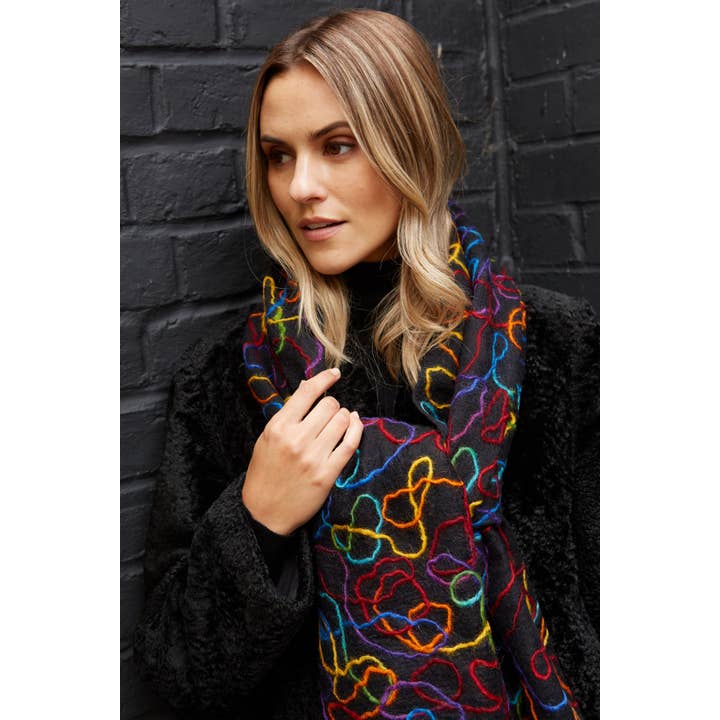 Black Hand Felted Wool Scarf Colourful Rainbow Scribble Pattern for wholesale on Faire3