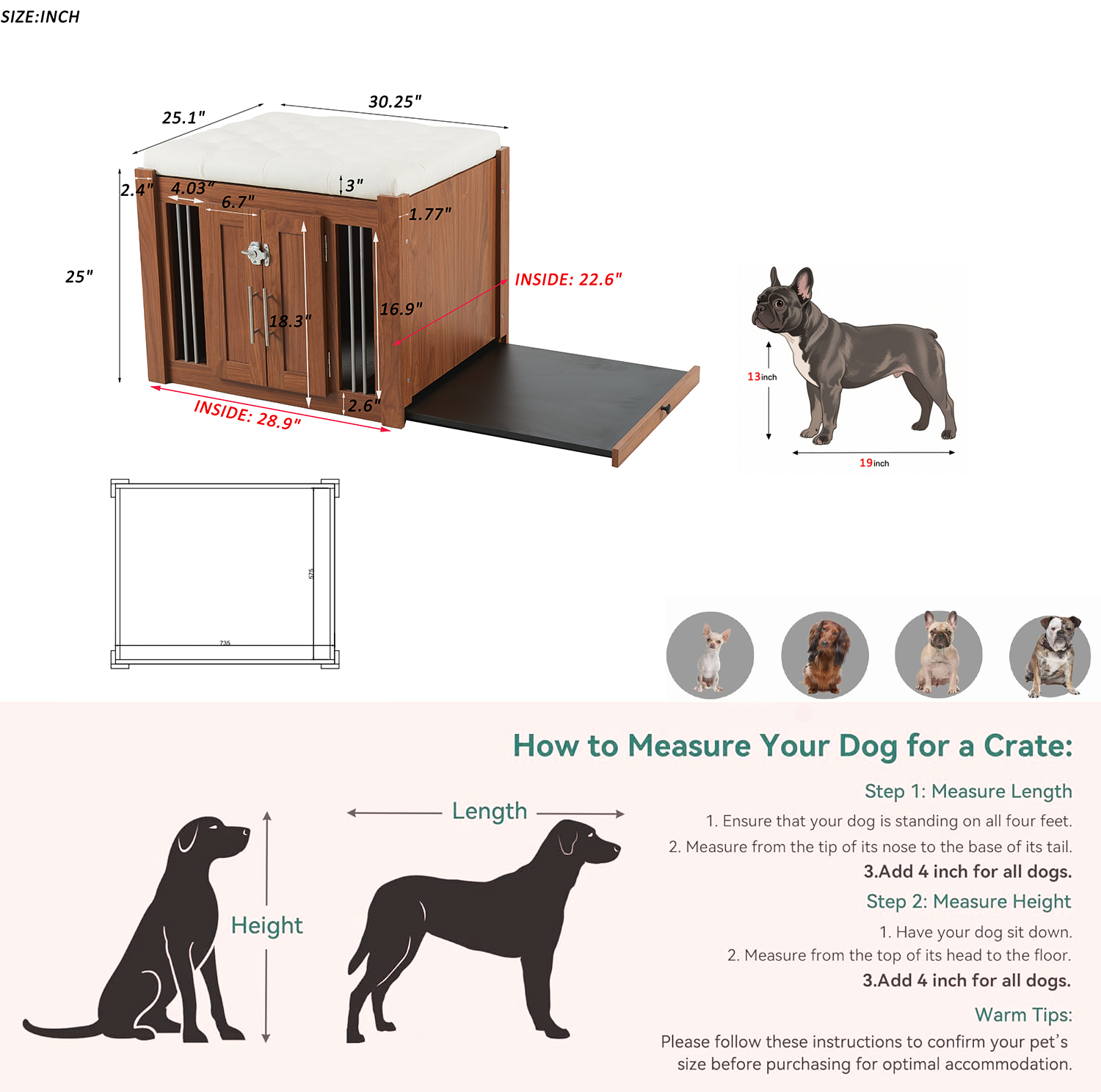 39F Inc. - Wholesale Ottoman - 2-in-1 Dog Crate & End Bench with Padded Seat, Walnut5