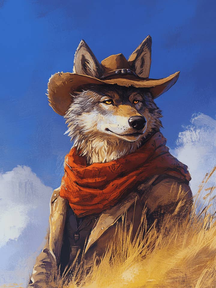 Lone Wolf Cowboy - Antropomorfisk Vægkunsttryk – 8″x10″ Kunstværk til 11″x14″ Ramme for engroshandel hos Mowbi