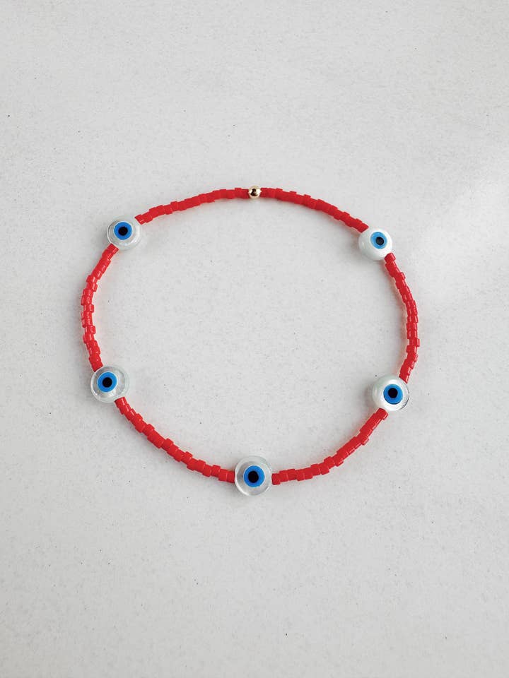 Evil Eye Stretch Beaded Bracelet - red for wholesale by On the Lookout Jewelry