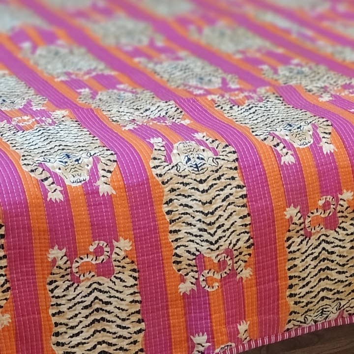 Pink and Orange Tiger Quilted Cotton Bed Throw Blanket for wholesale by Ayras World