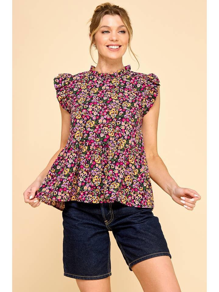 Black Floral Printed Top with Ruffled Neck and Sleeves for wholesale on Faire