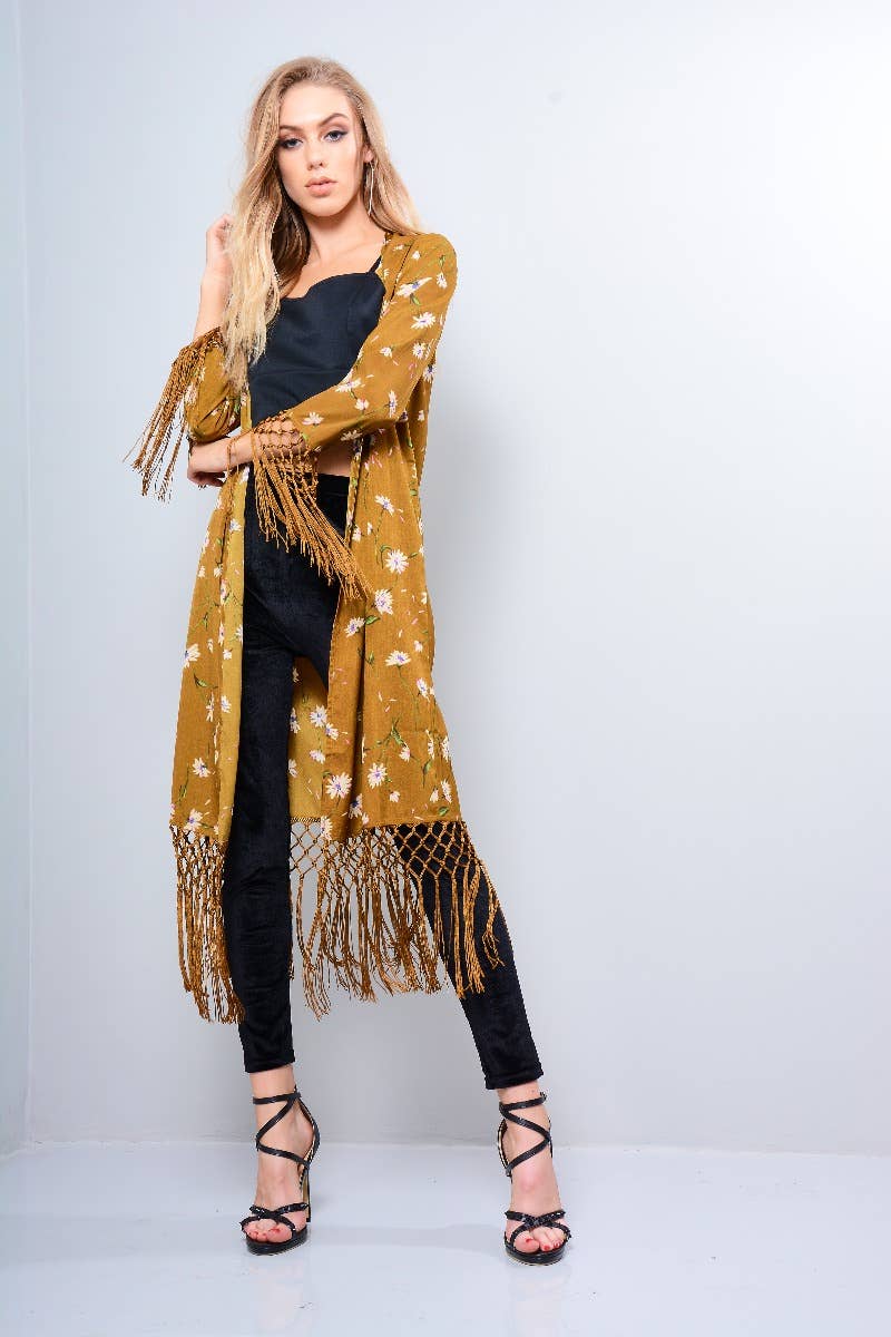 LoveMyStyle - Wholesale Kimono - Women's - LMS Mustard Kimono With Floral Print And Tassel Hem