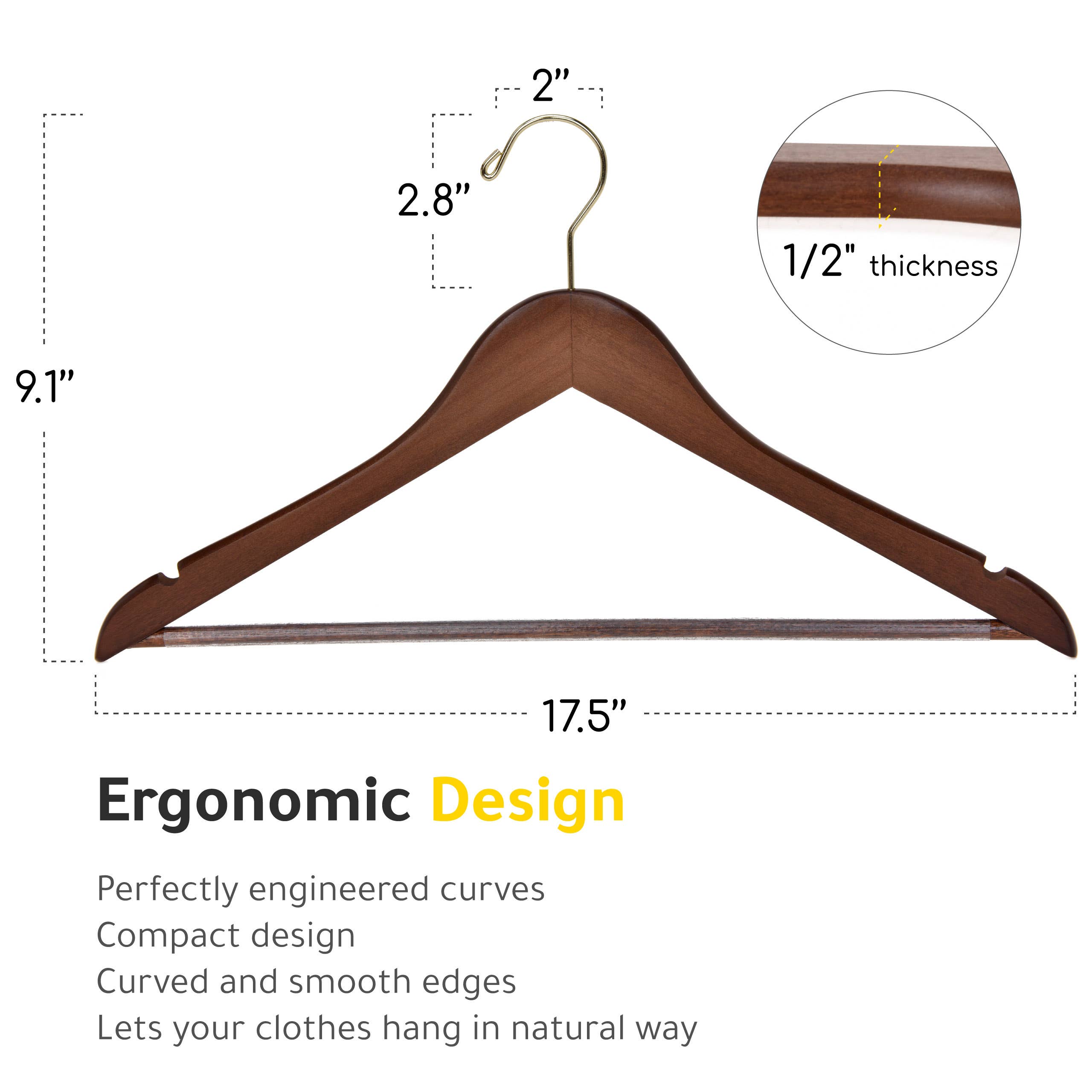 Quality Hangers - Wholesale Clothes Hangers - W010 Semi Curved Wooden Hangers, 17.5" Walnut-Gold - 90 Pcs6