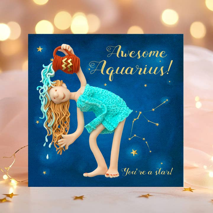 Funny Aquarius starsign birthday card for wholesale by Inky Blue Ltd t/a Holy Mackerel